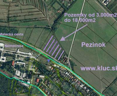 Lúka, záhrady od 3.000m2 – 18.000m2  s dobrým prístupom. Pezinok