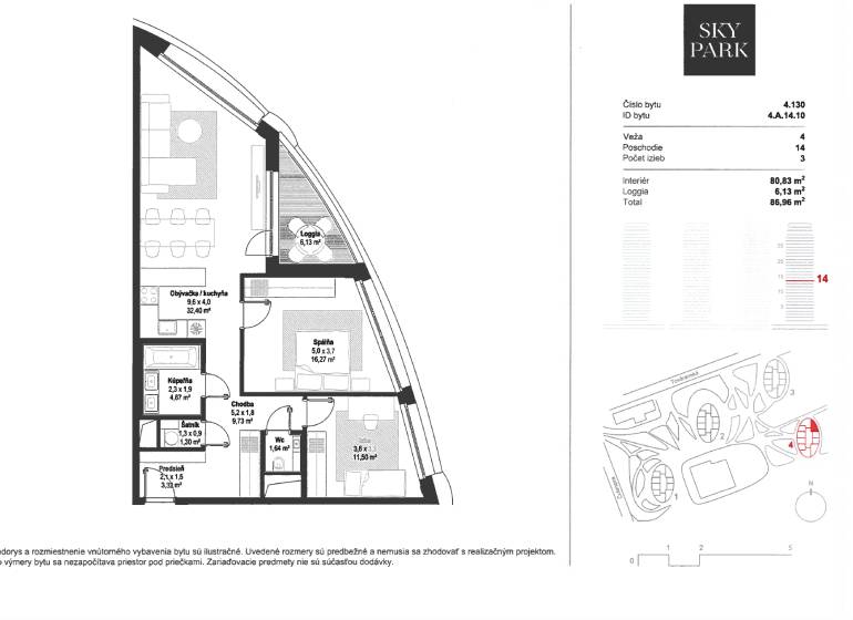 3-IZBOVÝ BYT NA 14NP S VÝHĽADOM, PIVNICA A PARKOVACIE MIESTO - SKYPARK