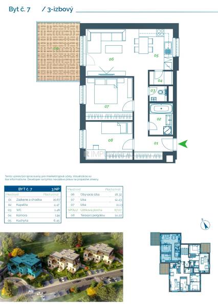 pôdorys 3 izbový byt 67m2 + 14,2m2 terasa