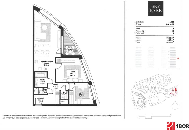 3-IZBOVÝ BYT NA 14NP S VÝHĽADOM, PIVNICA A PARKOVACIE MIESTO - SKYPARK